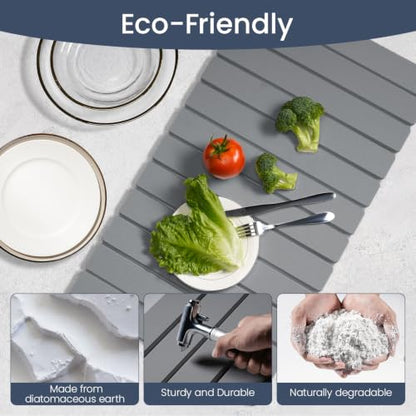 Meowoo Stone Drying Mat for Kitchen Counter, 28.3"x15.7" Foldable Diatomaceous Earth Mat, Super Absorbent, Quick-Dry Bath & Kitchen Pad for Dishes, Cups, Non-Slip, Fits Any Countertop - Dark Gray - size: 28.3" x 15.7"