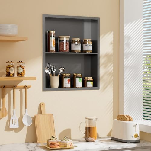 14x18 Recessed Medicine Cabinet, Bathroom Wall Cabinet, 304 Stainless Steel Recessed Wall Niche with 2-Tiers Shelves, Matte Gray - color: Matte Gray, size: 14'' x 18''