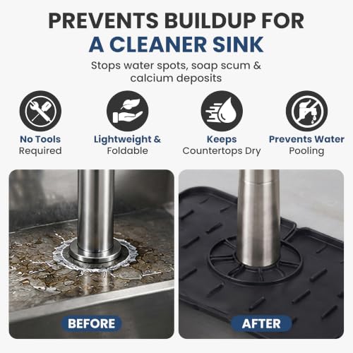 Faucet Splash Guard Mat for Kitchen Sink, Gray & Black, Set of 2 | TPR Drain Pad, Adjustable Center Hole, Self-Draining, Non-Slip, Fits 1.5"–2.5" Base