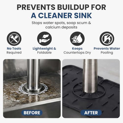 Faucet Splash Guard Mat for Kitchen Sink, Gray & Black, Set of 2 | TPR Drain Pad, Adjustable Center Hole, Self-Draining, Non-Slip, Fits 1.5"–2.5" Base