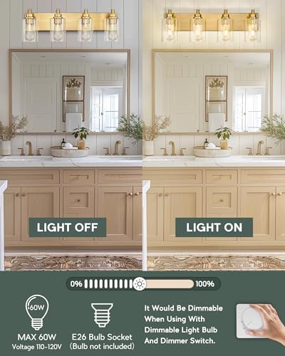 4-Light Brushed Gold Bathroom Vanity Light, Clear Cylinder Glass | 24.5" modern bathroom light fixtures over mirror, E26 base, bulbs not included, VL143-BG-4 - color: Brushed Gold, Cylinder Glass Shade, size: 4-light