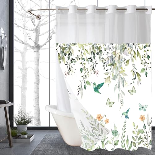 Sage Green Eucalyptus No Hook Shower Curtain with Snap in Liner- Hummingbird Shower Curtains for Bathroom- Fabric Inner Liner, Garden Butterflies Bath Curtains- Machine Washable,71 x 74 - color: Green Hummingbird