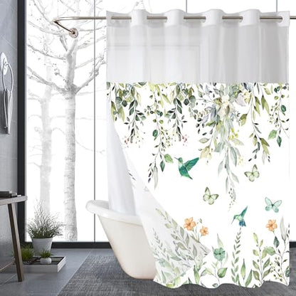 Sage Green Eucalyptus No Hook Shower Curtain with Snap in Liner- Hummingbird Shower Curtains for Bathroom- Fabric Inner Liner, Garden Butterflies Bath Curtains- Machine Washable,71 x 74 - color: Green Hummingbird