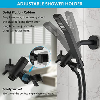 PDPBath Solid Brass 3 Way Shower Arm Diverter Valve with Handheld Holder for Dual Shower Heads with G1/2 Universal Connection - Matte Black - color: Matte Black-2