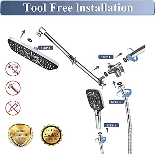 Shower Head with Handheld, 12 Inch Dual Shower Head with Extention Arm, High Pressure Rain Shower Heads, Rainfall Waterfall Showerhead with 3-Way Diverter - Height/Angle Adjustable(Chrome) - color: Chrome, size: 12 Inch