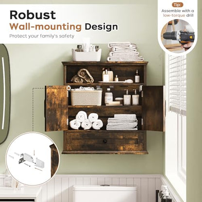 Bathroom Wall Cabinet, Wall Mounted Medicine Cabinet 24.4"H x 23.6"W x 9"D | With Drawer, Barn Doors & Adjustable Shelf, Rustic Brown Over Toilet Farmhouse Cabinet for Kitchen, Laundry Room, Entryway - color: Rustic Brown