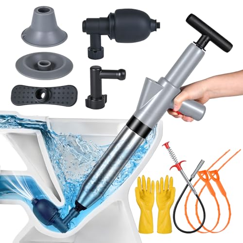 High Pressure Toilet Plunger, Toilet Snake Air Drain Blaster with Real -Time Barometer, Heavy Duty Drain Clog Remover for Bathroom, Floor, Shower, Kitchen Clogged (Gery-Manual)