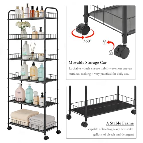 10in 6-Tier Slim Storage Cart with Wheels, Metal 10in Wide Black Narrow Rolling Shelf, Sturdy Slim Storage with Hooks Ideal for Kitchen, Bathroom, and Laundry Room - size: 10in 6-Tier Cart