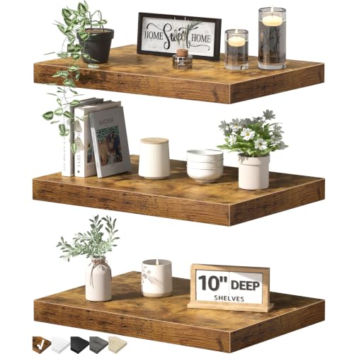QEEIG 10" Deep Floating Shelves for Wall - 10 x 16 inch Book Shelf Bathroom Bedroom Kitchen Living Room Hanging Bookshelf Farmhouse Set of 3, Rustic Brown (025-40BN3) - color: A. Brown, size: 15.7" x 10"