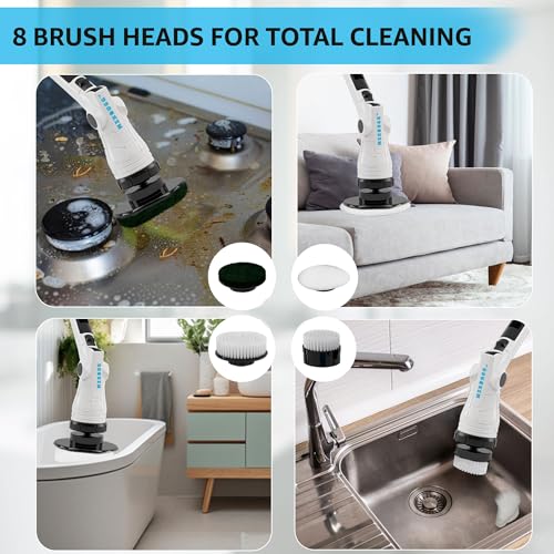 Electric Spin Scrubber, 3 Speeds 8 Heads Bathroom Cleaning Brush | 6-Angle Adjustable Head, 54" Extendable Handle, IPX6 Waterproof, Cordless, Shower Cleaner Brush for Tub Grout Tile Floor Car - size: Upgraded