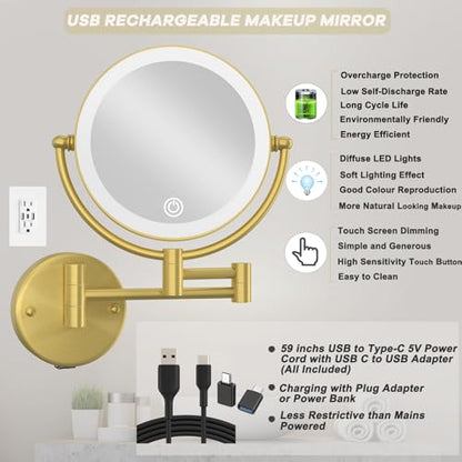 Brass Wall Mounted Mirror Swing Arm with Light and Magnification 10X | Upgrade Brightness & 3 Color LED, Touch Screen Dimmable, Rechargeable Home Personal Magnifying Makeup Bathroom, Brushed Gold - color: Brushed Gold