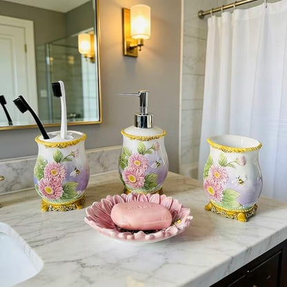 Ceramic Sunflower Bathroom Accessories Set, 4 Piece Bathroom Ensemble Set with Toothbrush Holder, Toothbrush Cup, Soap Dispenser, Soap Dish (Pink) - color: Pink