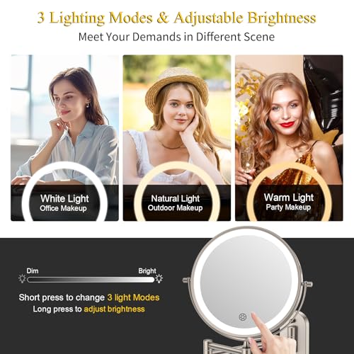 FUNTOUCH 5000mAh Rechargeable Wall Mounted Makeup Mirror with Lights 3X/20X | Double Sided Magnifying,3 Color Lights,Touch Dimmable, Extended Arm 360 Rotation Lighted Bathroom Mirror with Magnification - color: Nickel