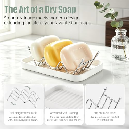 Stainless Steel Wavy Soap Dish, Self Draining Shampoo Bar Holder with Removable Drip Tray, Quick Dry Bar Soap Holder for Shower Bathroom Kitchen, Holds 2-3 Bars