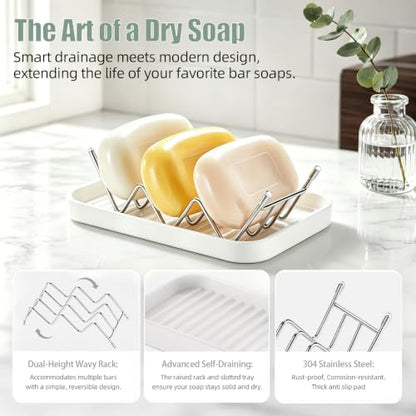 Stainless Steel Wavy Soap Dish, Self Draining Shampoo Bar Holder with Removable Drip Tray, Quick Dry Bar Soap Holder for Shower Bathroom Kitchen, Holds 2-3 Bars