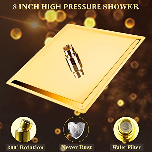 Voolan Rain Shower head, High Pressure Shower Head Made of 304 Stainless Steel, Relaxed Shower Experience Even at Low Water Flow and Pressure(8" Gold) - color: Gold, size: 8 Inch