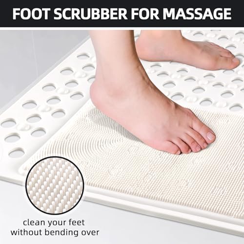 Shower Mat Non Slip: 35.4" x 23.6" Large PVC Heavy Shower Mats for Inside Shower - Quick Dry Shower Foot Scrubber Matt with Drain Hole and Suction Cups for Elderly - color: Creamy White