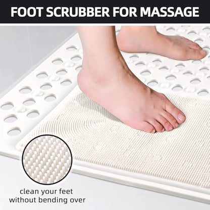 Shower Mat Non Slip: 35.4" x 23.6" Large PVC Heavy Shower Mats for Inside Shower - Quick Dry Shower Foot Scrubber Matt with Drain Hole and Suction Cups for Elderly - color: Creamy White