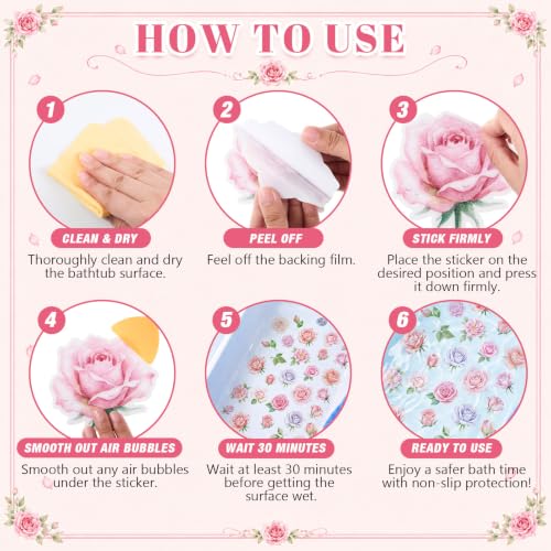 Fullhawl 30 Pcs Rose Non Slip Bathtub Stickers Colorful Rose Anti Slip Shower Stickers Shower Floor Nonslip Sticker Applique Adhesive Decals Treads with Scraper for Bathtub Bathroom Floor - style: Rose