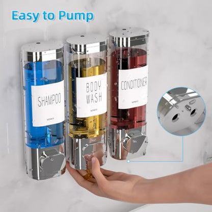 VITVITI Shampoo and Conditioner Dispenser for Shower Wall, Shower Soap Dispenser 3 Chamber No Drill Wall Mounted, 10.2 OZ Plastic Refillable Shower/Body Wash Bottles for Bathroom (Silver) - color: Silver