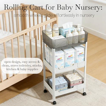 3 Tier Rolling Cart with Wheels 4.7'' Deep Baskets Bathroom Storage Shelf Heavy Duty Plastic Bedside Cart, Large Capacity Snack Stand Diaper Caddy Laundry Room Kitchen Organizer, White - size: 3-tier