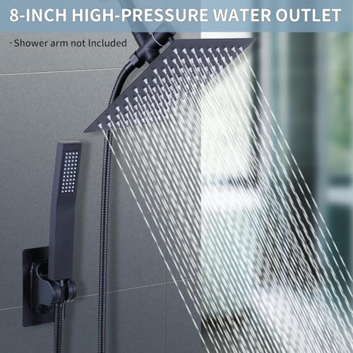 Rainfall Shower Head with Handheld Combo High Pressure, Dual Shower Head 8 Inch Square with Long Hose, Rain Showerhead with Handheld Sprayer(black)