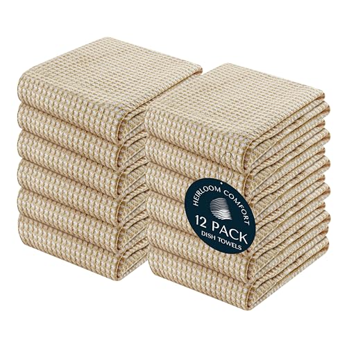 12 Pack 100% Cotton Dual Tone Waffle Weave Kitchen Towels, 16x26 Inch, Super Absorbent, Fast Dry Dishcloth Set, Soft Hand Towels for Cleaning, Durable, Beige - color: Beige, size: 16 x 26 - Pack of 12