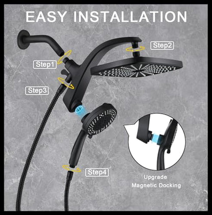 12" High Pressue Rain Shower Head with Handheld, 9 Sprays Hand Showerhead | Shower Heads with Handheld Spray Combo, Dual Head, Built-in Magnetic Docking, Power Jets, 59" Shower Hose, Black 1.75GPM - color: Black