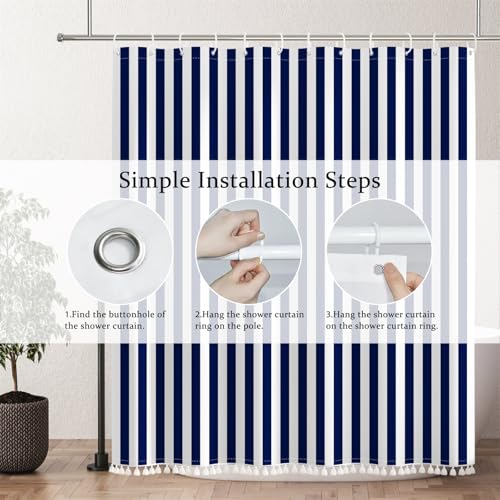 AOFOTO Navy Blue and White Stripe Shower Curtain Farmhouse Style Striped Line Bathroom Curtains Waterproof Fabric Machine Washable with 12 Hooks Modern Fashion Simple Bathroom Curtain 70x70 Inch - color: Navy Blue, size: 70"W x 70"L (Pack of 1)