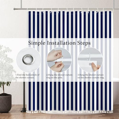 AOFOTO Navy Blue and White Stripe Shower Curtain Farmhouse Style Striped Line Bathroom Curtains Waterproof Fabric Machine Washable with 12 Hooks Modern Fashion Simple Bathroom Curtain 70x70 Inch - color: Navy Blue, size: 70"W x 70"L (Pack of 1)