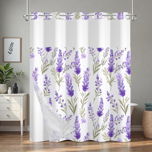 No Hook Shower Curtain and Liner Set, Lavender Shower Curtain with Snap in Liner and Mesh Top Window, Purple Floral Waterproof Fabric Shower Curtains with Weighted Hem for Bathroom Hotel, 71x74 Inches - color: Lavender Garden