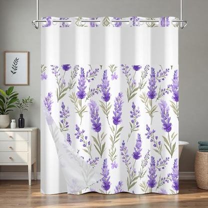 No Hook Shower Curtain and Liner Set, Lavender Shower Curtain with Snap in Liner and Mesh Top Window, Purple Floral Waterproof Fabric Shower Curtains with Weighted Hem for Bathroom Hotel, 71x74 Inches - color: Lavender Garden