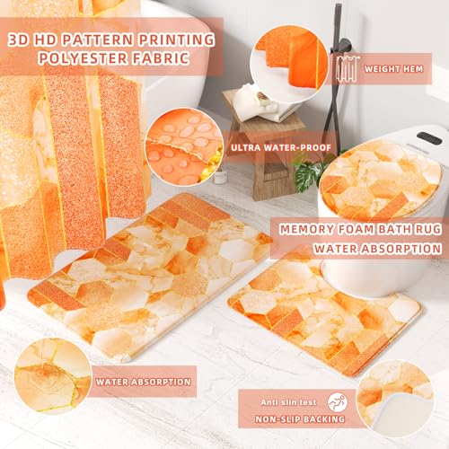 XLHOMO Bathroom Set - 26PC Bathroom Set with Shower Curtain and Rugs, Bathroom Accessory Set, Orange Bathroom Accessories Set, Trash Can & Soap Dispenser - style: Orange&Gold