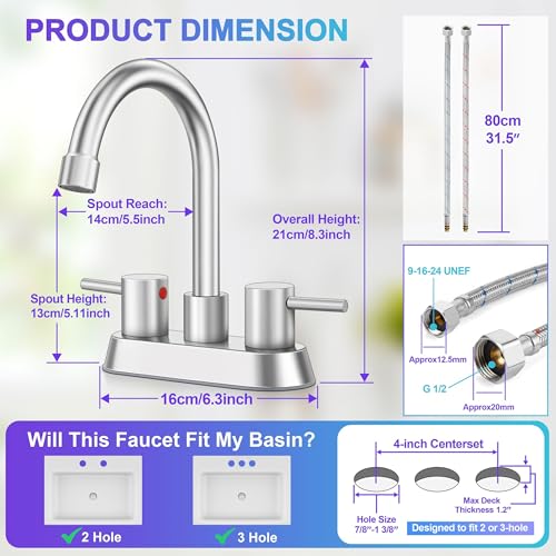 Bathroom Faucet for 3 Hole Brushed Nickel, Herogo 4 Inch 2-Handle Bathroom Sink Faucet with Pop-Up Drain and Supply Hoses, 18/10 Stainless Steel Faucets for RV Vanity - color: Brushed Nickel, style: Round Handles