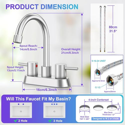 Bathroom Faucet for 3 Hole Brushed Nickel, Herogo 4 Inch 2-Handle Bathroom Sink Faucet with Pop-Up Drain and Supply Hoses, 18/10 Stainless Steel Faucets for RV Vanity - color: Brushed Nickel, style: Round Handles
