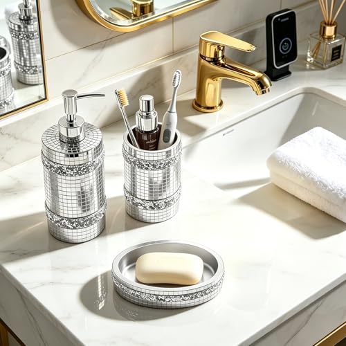 Silver Bathroom Accessories Set, Mosaic Decoration 4-piece Set | Deluxe silver mosaic bathroom 4-piece set,including soap dispenser,soap tray,toothbrush cup,partitioned toothbrush holder - size: 4 Pc Set