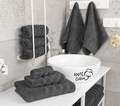 American Soft Linen 100% Cotton Luxury Turkish Towels, 6 Piece Towel Set | Soft Absorbent Quick Dry OEKO Tex Standard 100 Certificated Durable Machine Washable Premium Hotel Quality - color: Dark Gray, size: (27"x54") + (16"x28") + (13"x13")