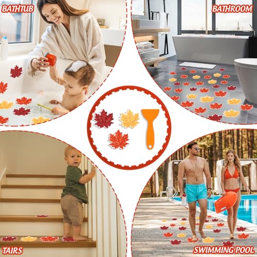 JarThenaAMCS 24 Pcs Fall Non Slip Bathtub Sticker with Scraper Maple Leaves Anti Slip Shower Tread Adhesive Shower Decal for Autumn Bathroom Floor Decoration