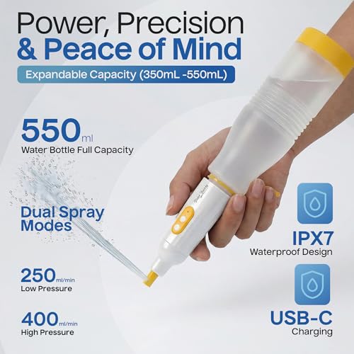 BIDET BUDDY® PureJet Portable Bidet for Travel - 550mL Bottle, Arctic White | Self-Cleaning Retractable Nozzle,IPX7 Waterproof, USB-C Rechargeable, High-Pressure Hygiene Device, Versatile Power Modes