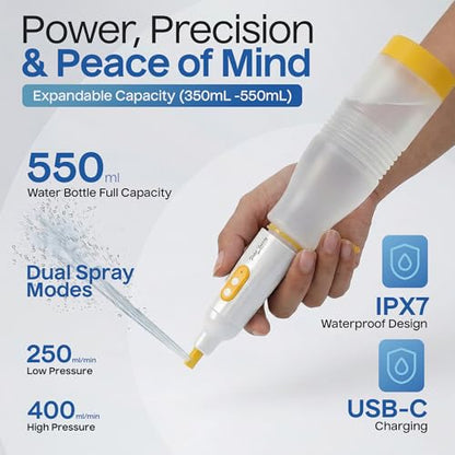 BIDET BUDDY® PureJet Portable Bidet for Travel - 550mL Bottle, Arctic White | Self-Cleaning Retractable Nozzle,IPX7 Waterproof, USB-C Rechargeable, High-Pressure Hygiene Device, Versatile Power Modes