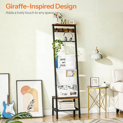 HOOBRO Blanket Ladder, 7-Tier Giraffe Shape Towel Rack for Living Room and Bedroom, 63.4" H Decorative Ladder Shelf with Hooks, Metal Frame, Industrial Style, Rustic Brown and Black BF13CJ01