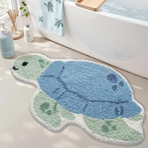 LUMI Cute Animal Bathroom Rugs, Soft Absorbent Non Slip Bath Mats, 20"x33" | Blue Sea Turtle Design, Quick Dry Microfiber, Machine Washable, Ideal Floor Mat for Shower Sink Bathtub Kid’s Room Decor - color: Blue Sea Turtle
