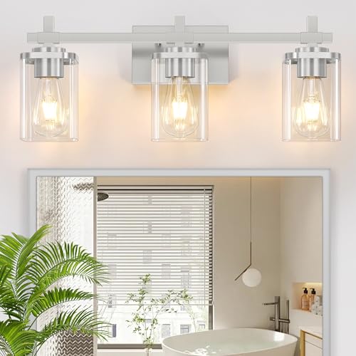 Brushed Nickel Bathroom Light Fixtures, 3-Lights Bathroom Vanity Light with Glass Shades, Modern Vanity Lights for Mirror, Wall Lights for Living Room, Hallway, Cabinet, E26 Base - color: ‎Brushed Nickel, size: 3-Lights