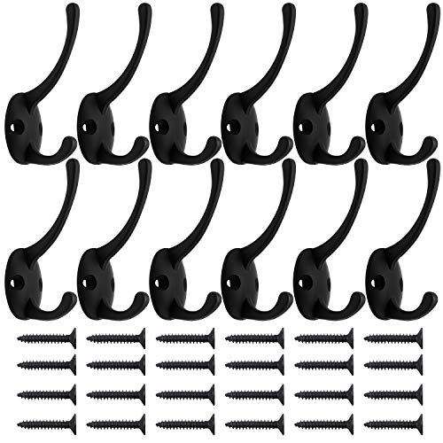 IBosins 12 Pack Black Double Coat Hooks Wall Mounted with 24 Screws | Retro Double Hooks Utility Black Hooks for Coat, Scarf, Bag, Towel, Key, Cap, Cup, Hat - color: Black