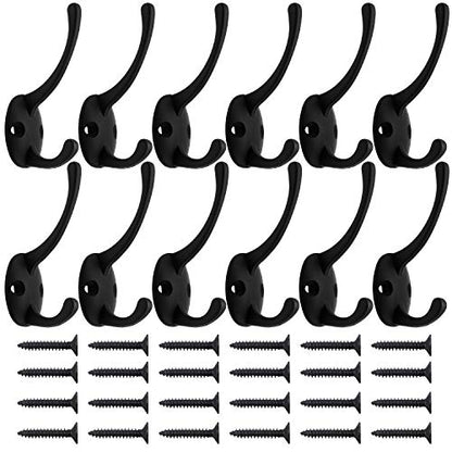 IBosins 12 Pack Black Double Coat Hooks Wall Mounted with 24 Screws | Retro Double Hooks Utility Black Hooks for Coat, Scarf, Bag, Towel, Key, Cap, Cup, Hat - color: Black