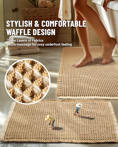 Furicher Large Waffle Bath Mat Set, Non Slip Bathroom Mat Set 2 Piece, Ultra Absorbent Bath Mats, Machine Washable Bath Rugs, Brown & White, 20"×47" and 16"×24" - color: Brown-white