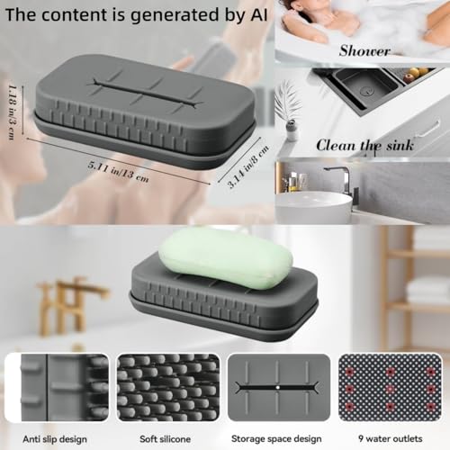 Soap Holder & Brush Set with Built-in Soap Saver Compartment | Silicone Matrial, Includes a Leak-Proof Soap Tray+Brush, Unbreakable&Noise-Free, Soft Brush with Soap Dish- (Dark Grey)