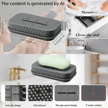 Soap Holder & Brush Set with Built-in Soap Saver Compartment | Silicone Matrial, Includes a Leak-Proof Soap Tray+Brush, Unbreakable&Noise-Free, Soft Brush with Soap Dish- (Dark Grey)
