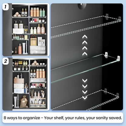 Black Medicine Cabinet with Mirror 16x20 Inch, Small Bathroom Wall Cabinet with Storage, Modern Matte Finish, 6 Adjustable Glass Shelves, Silent Soft Close, Rust Proof Aluminum Organizer - size: 16"x 20"