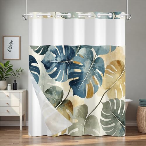 Tropical Leaves Shower Curtain with Detachable Weighted Liner, No Hook Monstera Leaf Tall Shower Curtain with Ventilation Window, Summer Waterproof Fabric Bathroom Shower Curtain Sets, 71x74 Inches - color: Monstera